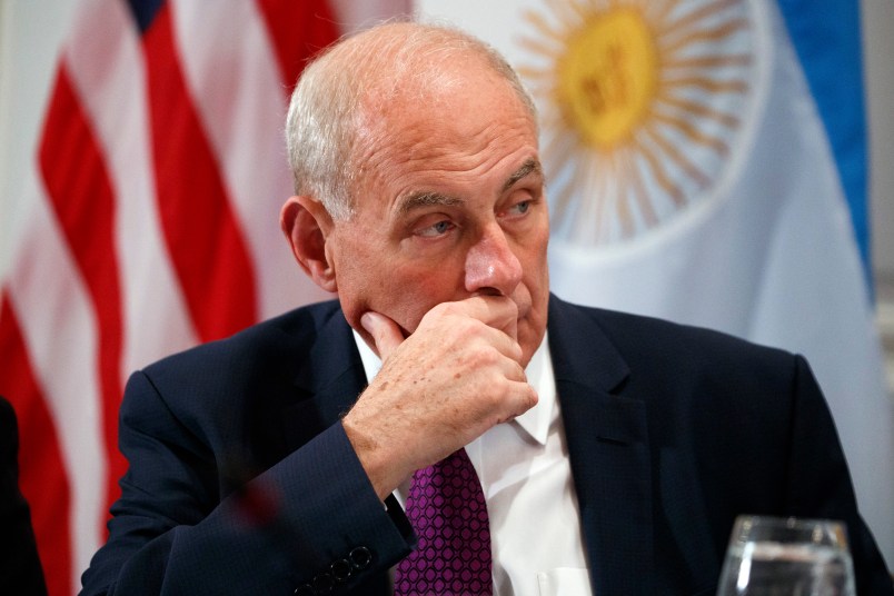 White House chief of staff John Kelly listens as President Donald Trump speaks during a dinner with Latin American leaders at the Palace Hotel during the United Nations General Assembly, Monday, Sept. 18, 2017, in New York. (AP Photo/Evan Vucci)