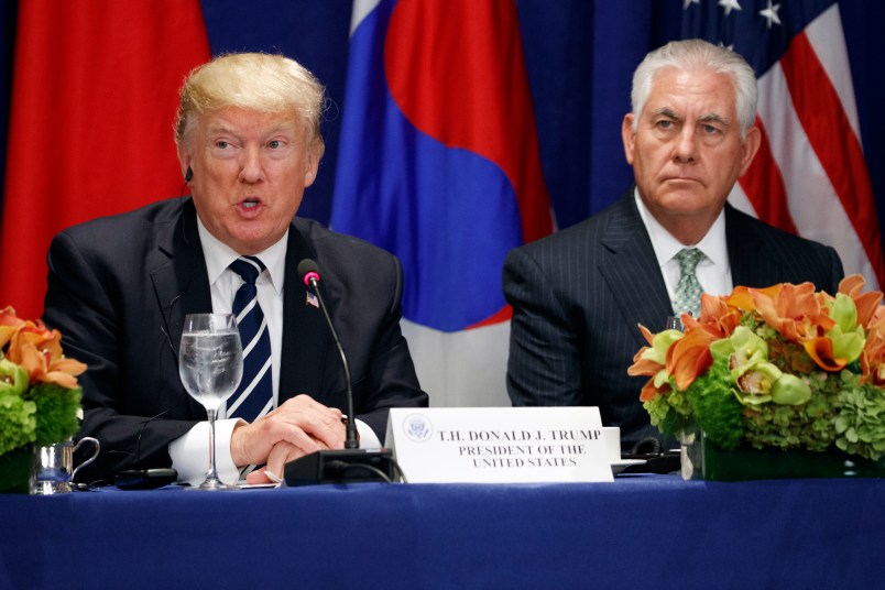 Secretary of State Rex Tillerson looks on as President Donald Trump speaks at a luncheon with South Korean President Moon Jae-in and Japanese Prime Minister Shinzo Abe, at the Palace Hotel during the United Nations General Assembly, Thursday, Sept. 21, 2017, in New York. (AP Photo/Evan Vucci)