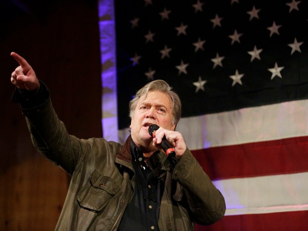 Former White House strategist Steve Bannon speaks at a rally for U.S. Senate hopeful Roy Moore, Monday, Sept. 25, 2017, in Fairhope, Ala. (AP Photo/Brynn Anderson)