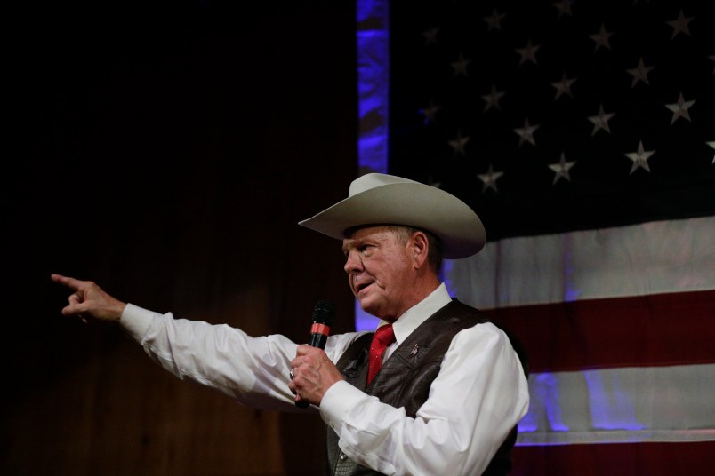Former Alabama Chief Justice and U.S. Senate candidate Roy Moore speaks at a rally, Monday, Sept. 25, 2017, in Fairhope, Ala. (AP Photo/Brynn Anderson)