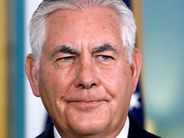 Secretary of State Rex Tillerson meets with the Holy See Secretary for Relations with States Paul Gallagher, Tuesday, Sept. 26, 2017, at the State Department in Washington. (AP Photo/Jacquelyn Martin)