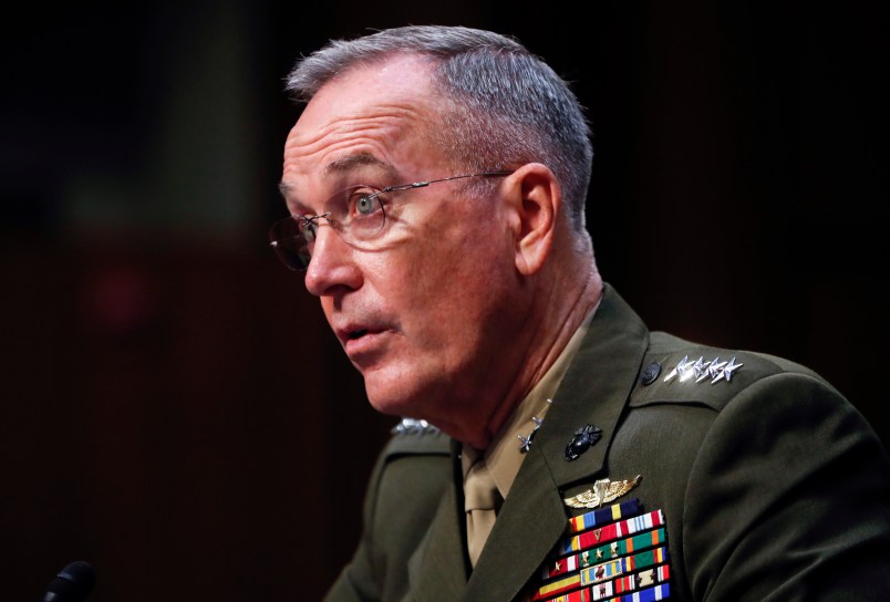 Joint Chiefs Chairman Gen. Joseph Dunford testifies before the Senate Committee on Armed Services on Capitol Hill in Washington,Tuesday, Sept. 26, 2017, to consider the reappointment of Dunford. (AP Photo/Pablo Martinez Monsivais)