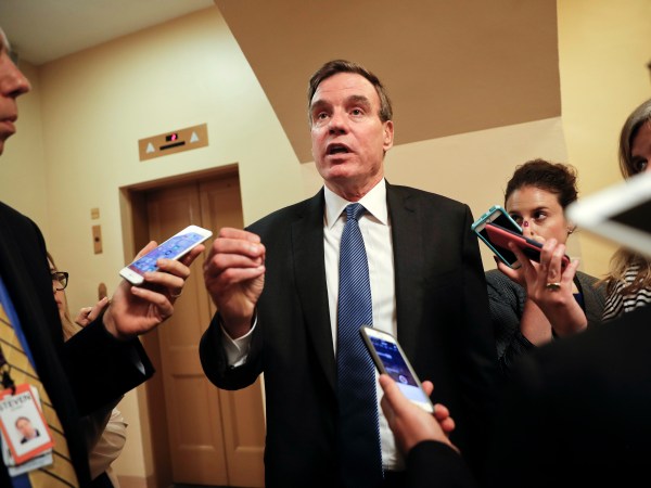 Senate Intelligence Committee Vice Chairman Sen. Mark Warner, D-Va., speaks with reporters on Capitol Hill in Washington, Wednesday, Sept. 27, 2017. (AP Photo/Pablo Martinez Monsivais)