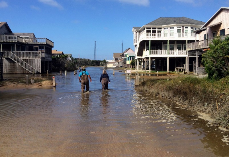 /// A couple walks along a road flooded with sea water brought by Hurricane Maria's waves in Buxton, North Carolina, on Wednesday Sept. 27th, 2017. The storm continues to linger off the coast of North Carolina, lashing the Outer Banks with a wind-driven storm surge that is eroding beaches and washing over Hatteras and Ocracoke. (AP Photo/Ben Finley)