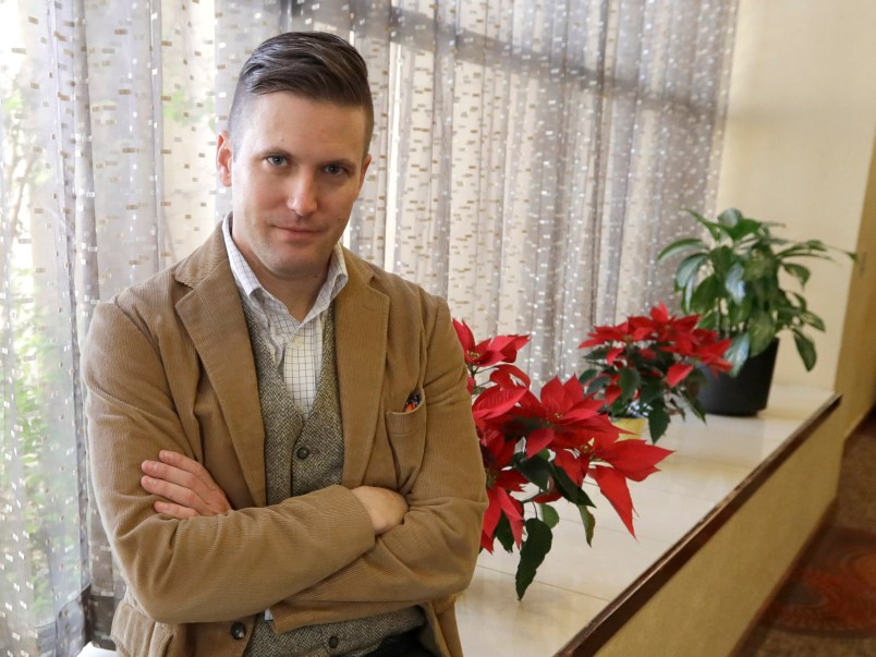 FILE – In this Dec. 6, 2016, file photo, Richard Spencer, a leader in the "alt-right" that mixes racism, white nationalism and populism, poses between interviews the day of his speech on the Texas A&M University campus in College Station, Texas. A University of Cincinnati spokesman said Thursday, Sept. 28, 2017, that the school was assessing “safety and logistical considerations" in considering white nationalist Richard Spencer’s request to speak there, WCPO-TV reports, after Ohio State University and other colleges rejected similar requests. (AP Photo/David J. Phillip, File)