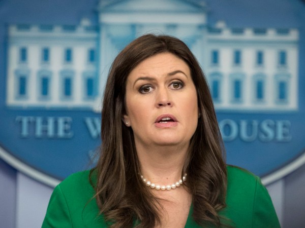 White House press secretary Sarah Huckabee Sanders speaks during the news briefing at the White House in Washington, Monday, Oct. 2, 2017, about the mass shooting in Las Vegas. (AP Photo/Carolyn Kaster)