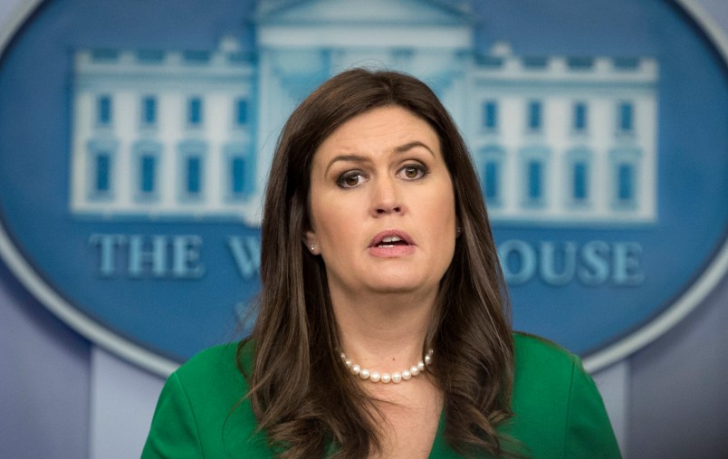 White House press secretary Sarah Huckabee Sanders speaks during the news briefing at the White House in Washington, Monday, Oct. 2, 2017, about the mass shooting in Las Vegas. (AP Photo/Carolyn Kaster)