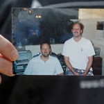 Eric Paddock, brother of  Las Vegas gunman Stephen Craig Paddock, holds up a photo of he and his brother outside his home, Monday, Oct. 2, 2017, in Orlando, Fla. Eric Paddock is on the left. (AP Photo/John Raoux)
