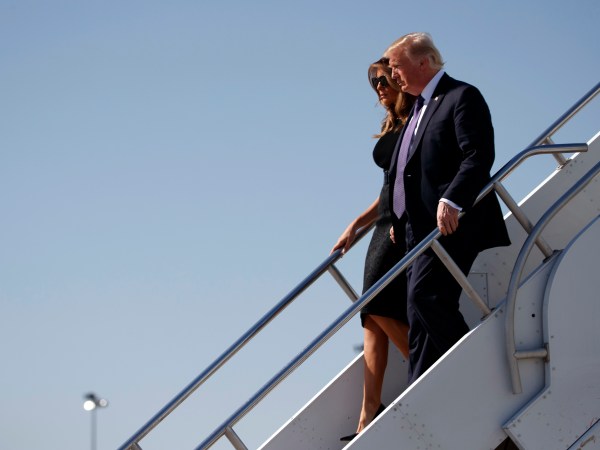 President Donald Trump and first lady Melania Trump arrive at Las Vegas McCarran International airport to meet with victims and first responders of the mass shooting, Wednesday, Oct. 4, 2017, in Las Vegas. (AP Photo/Evan Vucci)