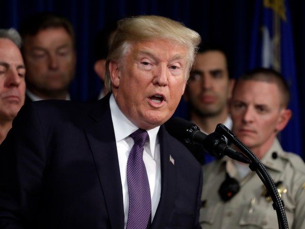 President Donald Trump and first lady Melania Trump meet with first responders and private citizens that helped during the mass shooting, Wednesday, Oct. 4, 2017, in Las Vegas. (AP Photo/Evan Vucci)