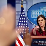 White House press secretary Sarah Huckabee Sanders points as she begins to take questions from the media during the daily briefing in the Brady Press Briefing Room of the White House, Thursday, Oct. 5, 2017. (AP Photo/Pablo Martinez Monsivais)