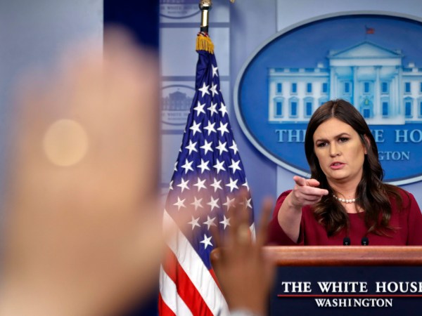 White House press secretary Sarah Huckabee Sanders points as she begins to take questions from the media during the daily briefing in the Brady Press Briefing Room of the White House, Thursday, Oct. 5, 2017. (AP Photo/Pablo Martinez Monsivais)