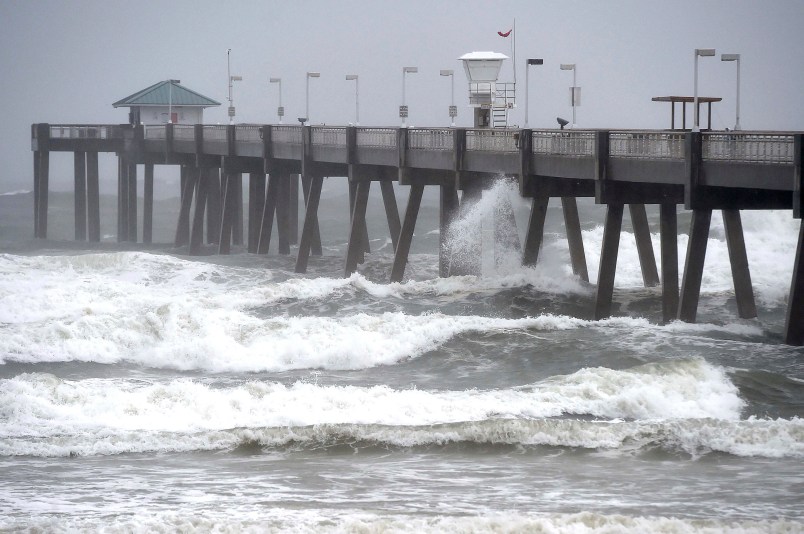 Waves caused by Hurricane Nate pound the Okaloosa Island Fishing Pier on Sunday Oct. 8, 2017 in Fort Walton Beach, Florida. (AP Photo/Northwest Florida Daily News, Nick Tomecek)