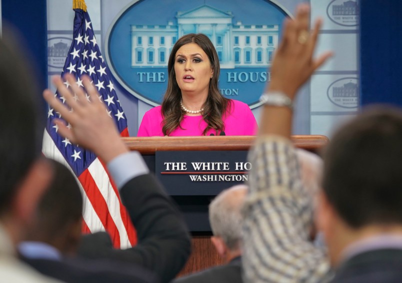 White House press secretary Sarah Huckabee Sanders speaks to the media during the daily briefing in the Brady Press Briefing Room of the White House, Wednesday, Oct. 11, 2017. (AP Photo/Pablo Martinez Monsivais)