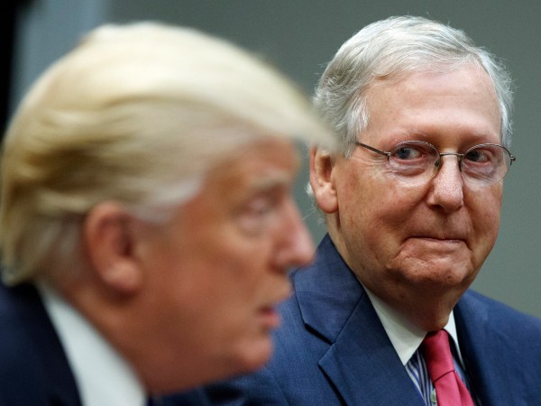 Senate Majority Leader Mitch McConnell, R-Ky., right, listens as President Donald Trump speaks during a meeting with Congressional leaders and administration officials on tax reform, in the Roosevelt Room of the White House, Tuesday, Sept. 5, 2017, in Washington. (AP Photo/Evan Vucci)