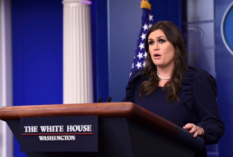 White House press secretary Sarah Huckabee Sanders speaks during the daily briefing at the White House in Washington, Thursday, Oct. 12, 2017. (AP Photo/Susan Walsh)