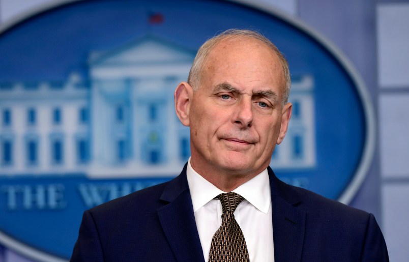 White House Chief of Staff John Kelly listen to a reporter's question during the daily briefing at the White House in Washington, Thursday, Oct. 12, 2017. (AP Photo/Susan Walsh)