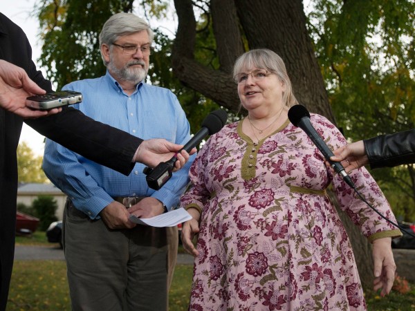 Linda and Patrick Boyle, parents of Joshua Boyle, speak with the media outside their home in Smiths Falls, Ontario, Thursday, Oct. 12, 2017. Canadian Joshua Boyle, his American wife Caitlan Coleman, and their three young children have been released after years held captive by a group that has ties to the Taliban and is considered a terrorist organization by the United States, U.S. and Pakistani officials said Thursday. (Adrian Wyld/The Canadian Press via AP)