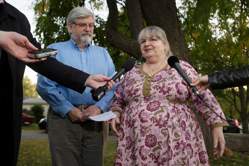 Linda and Patrick Boyle, parents of Joshua Boyle, speak with the media outside their home in Smiths Falls, Ontario, Thursday, Oct. 12, 2017. Canadian Joshua Boyle, his American wife Caitlan Coleman, and their three young children have been released after years held captive by a group that has ties to the Taliban and is considered a terrorist organization by the United States, U.S. and Pakistani officials said Thursday. (Adrian Wyld/The Canadian Press via AP)