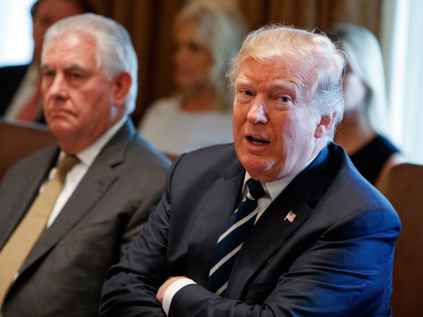 Secretary of State Rex Tillerson listens as President Donald Trump speaks during a cabinet meeting at the White House, Monday, Oct. 16, 2017, in Washington. (AP Photo/Evan Vucci)