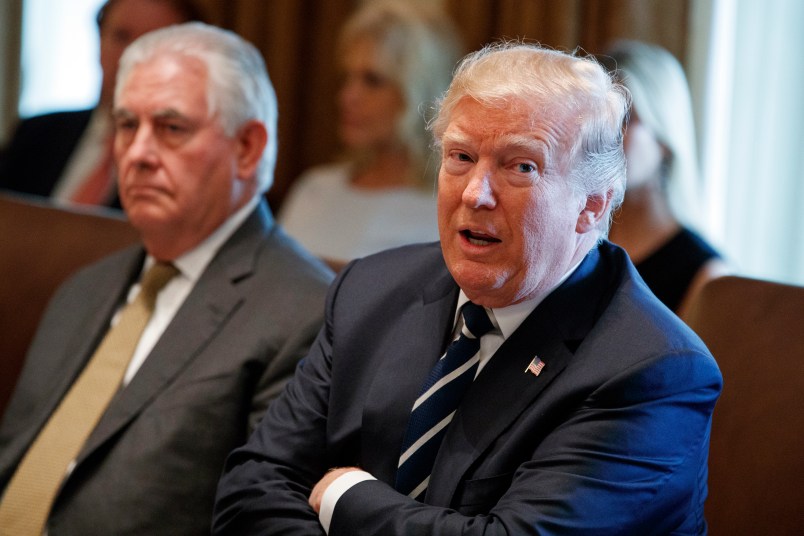 Secretary of State Rex Tillerson listens as President Donald Trump speaks during a cabinet meeting at the White House, Monday, Oct. 16, 2017, in Washington. (AP Photo/Evan Vucci)