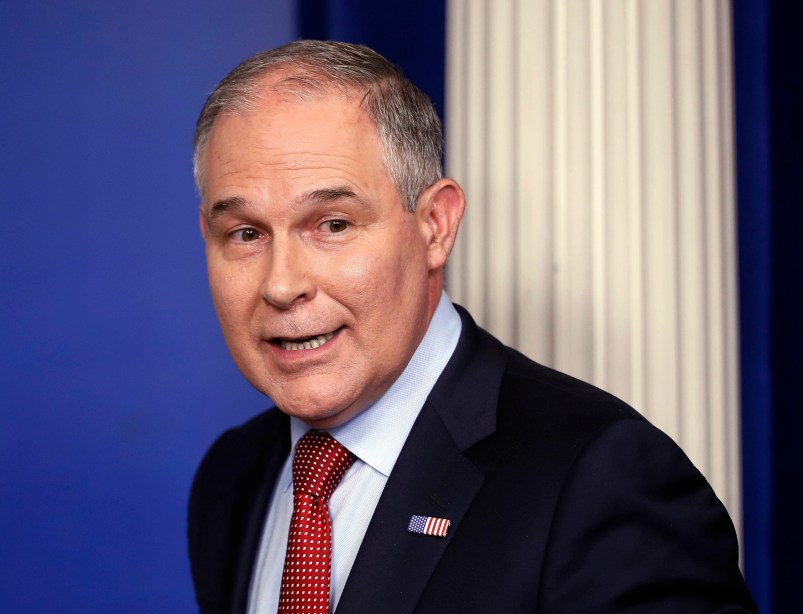 EPA Administrator Scott Pruitt looks back after speaking to the media during the daily briefing in the Brady Press Briefing Room of the White House in Washington, Friday, June 2, 2017. (AP Photo/Pablo Martinez Monsivais)