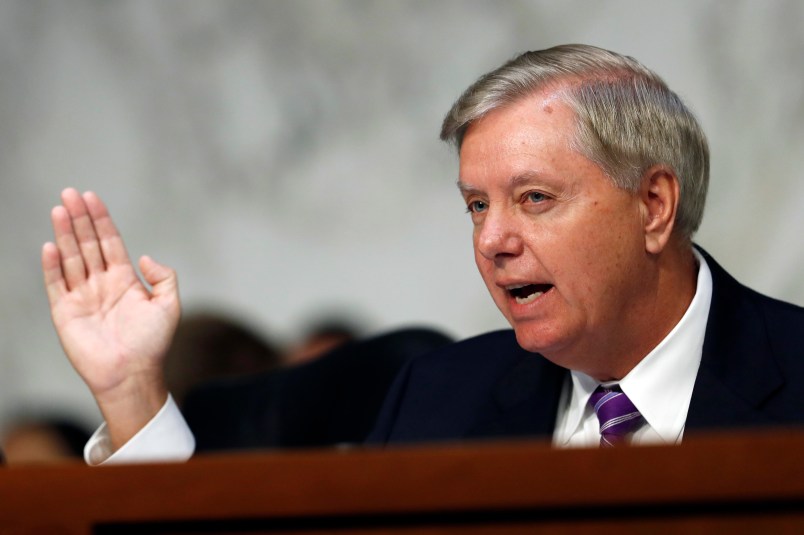 Sen. Lindsey Graham, R-S.C., chairman of the Senate Judiciary Subcommittee on Crime and Terrorism, questions Attorney General Jeff Sessions during a Senate Judiciary Committee hearing on Capitol Hill in Washington, Wednesday, Oct. 18, 2017. (AP Photo/Carolyn Kaster)