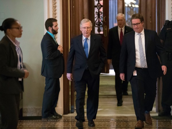 Senate Majority Leader Mitch McConnell, R-Ky., walks from the chamber to his office during a long series of votes at the Capitol in Washington, Thursday, Oct. 19, 2017. (AP Photo/J. Scott Applewhite)