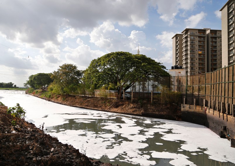 Toxic froth from industrial pollution floats on Bellundur Lake on World Environment Day, in Bangalore, India, Monday, June 5, 2017. The World Environment Day is celebrated on June 5 every year by the United Nations to stimulate global awareness on environmental issues. (AP Photo/Aijaz Rahi)