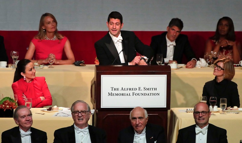 Speaker of the House Paul Ryan speaks during the 72nd Annual Alfred E. Smith Memorial Foundation dinner, Thursday, Oct. 19, 2017, in New York. (AP Photo/Julie Jacobson)