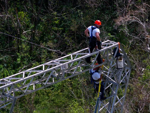 Whitefish Energy workers work on power line towers in Barceloneta, Puerto Rico, Sunday, Oct. 15, 2017.(AP Photo/Ramon Espinosa)