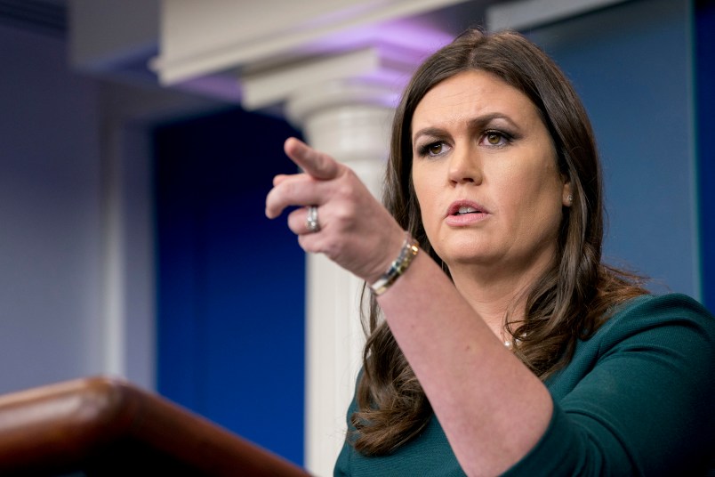 White House press secretary Sarah Huckabee Sanders calls on a member of the media during the daily briefing in the Brady Press Briefing Room of the White House, Friday, Oct. 20, 2017, in Washington. (AP Photo/Andrew Harnik)