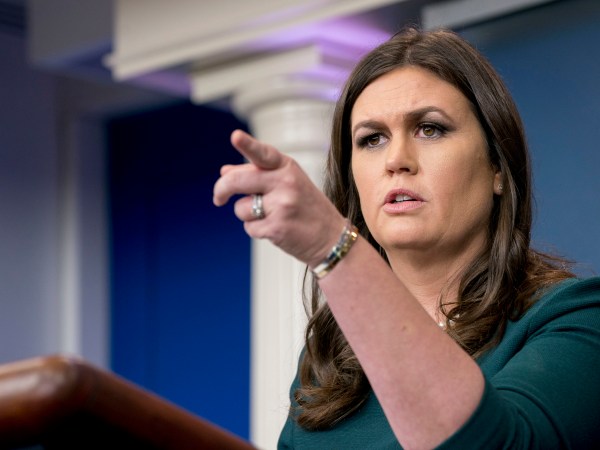 White House press secretary Sarah Huckabee Sanders calls on a member of the media during the daily briefing in the Brady Press Briefing Room of the White House, Friday, Oct. 20, 2017, in Washington. (AP Photo/Andrew Harnik)