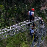 Whitefish Energy workers work on power line towers in Barceloneta, Puerto Rico, Sunday, Oct. 15, 2017.(AP Photo/Ramon Espinosa)