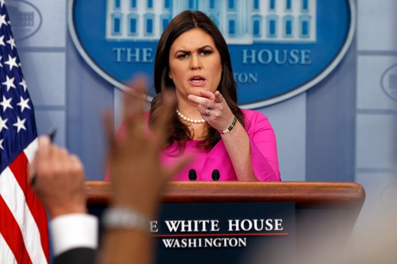 White House press secretary Sarah Huckabee Sanders speaks during the daily press briefing, Monday, Oct. 30, 2017, in Washington. (AP Photo/Evan Vucci)
