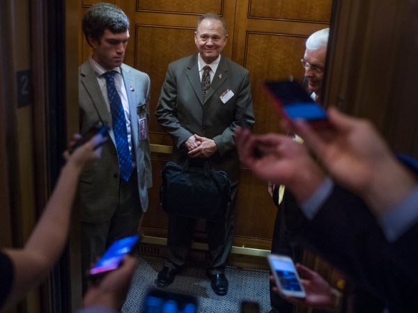 UNITED STATES - OCTOBER 31: Alabama Republican Senate nominee Roy Moore is questioned by the media in the Capitol on October 31, 2017.  (Photo By Tom Williams/CQ Roll Call)