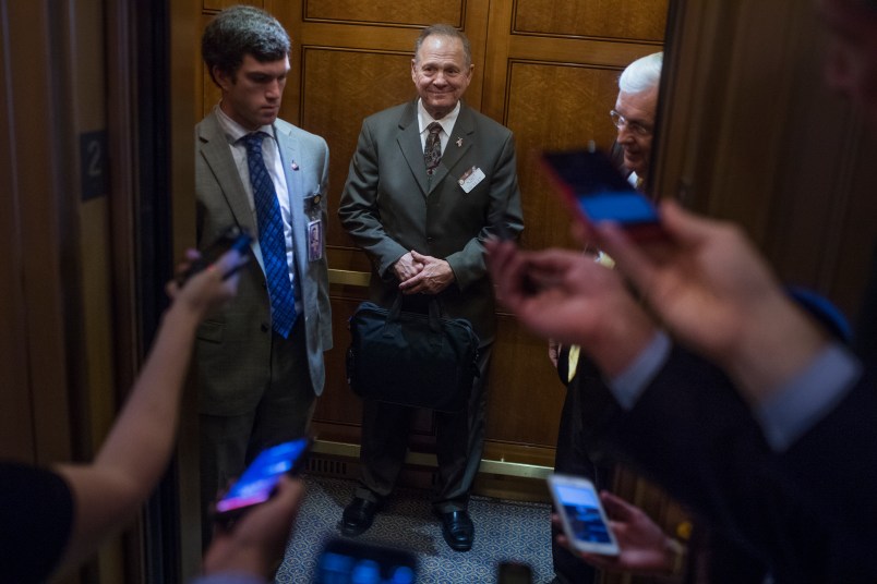 UNITED STATES - OCTOBER 31: Alabama Republican Senate nominee Roy Moore is questioned by the media in the Capitol on October 31, 2017.  (Photo By Tom Williams/CQ Roll Call)