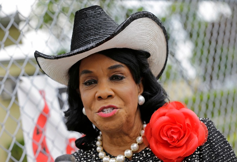 Rep. Frederica Wilson, D-Fla., talks to reporters, Wednesday, Oct. 18, 2017, in Miami Gardens, Fla. Congresswoman Wilson is standing by her statement that President Donald Trump told the widow of a soldier killed in an ambush in Niger that her husband "knew what he signed up for." Trump lashed out at Democratic Rep. Frederica Wilson on Wednesday, saying in a tweet that her description of his Tuesday phone call with Myeshia Johnson was "fabricated." (AP Photo/Alan Diaz)