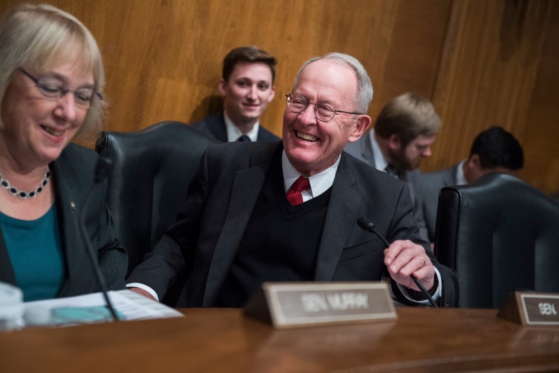 UNITED STATES - OCTOBER 19: Chairman Lamar Alexander, R-Tenn., and Sen. Patty Murray, D-Wash., ranking member, are seen during a Senate Health, Education, Labor and Pensions Committee hearing in Dirksen Building titled "Examining How Healthy Choices Can Improve Health Outcomes and Reduce Costs," on October 19, 2017. (Photo By Tom Williams/CQ Roll Call)