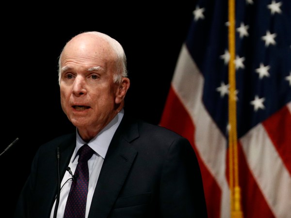 Sen. John McCain, R-Ariz., delivers remarks at the U.S. Naval Academy in Annapolis, Md., Monday, Oct. 30, 2017. McCain, who graduated from the Academy in 1958, returned to his alma mater to address the Brigade of Midshipmen on leadership and service to the nation. (AP Photo/Patrick Semansky)