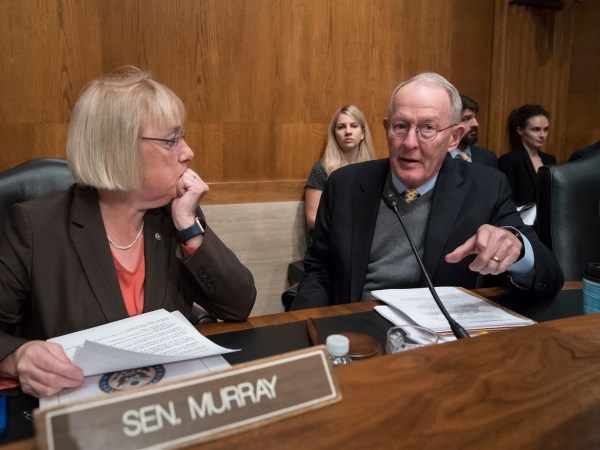 Sen. Patty Murray, D-Wash., the ranking member, and Sen. Lamar Alexander, R-Tenn., chairman of the Senate Health, Education, Labor, and Pensions Committee, meet before the start of a hearing on Capitol Hill in Washington, Wednesday, Oct. 18, 2017, the morning after they reached a deal to resume federal payments to health insurers that President Donald Trump had halted. Sen. Alexander says Trump called him Wednesday morning "to be encouraging" of bipartisan efforts to come up with a plan to stabilize health insurance premiums.   (AP Photo/J. Scott Applewhite)