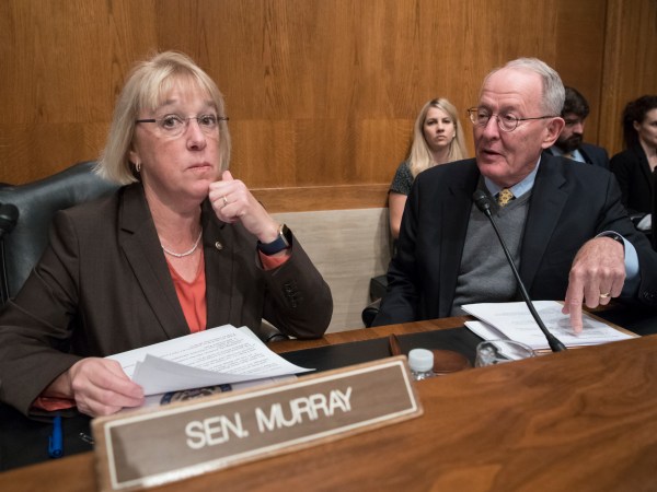 Sen. Patty Murray, D-Wash., the ranking member, and Sen. Lamar Alexander, R-Tenn., chairman of the Senate Health, Education, Labor, and Pensions Committee, meet before the start of a hearing on Capitol Hill in Washington, Wednesday, Oct. 18, 2017, the morning after they reached a deal to resume federal payments to health insurers that President Donald Trump had halted. Sen. Alexander says Trump called him Wednesday morning "to be encouraging" of bipartisan efforts to come up with a plan to stabilize health insurance premiums.   (AP Photo/J. Scott Applewhite)