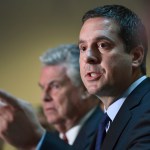 House Intelligence committee Chairman Rep. Devin Nunes, R-Calif., right, standing with Rep. Peter King, R-N.Y., left, speaks on Capitol Hill in Washington, Tuesday, Oct. 24, 2017. (AP Photo/Susan Walsh)