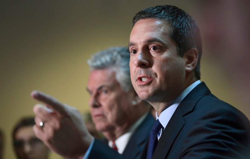 House Intelligence committee Chairman Rep. Devin Nunes, R-Calif., right, standing with Rep. Peter King, R-N.Y., left, speaks on Capitol Hill in Washington, Tuesday, Oct. 24, 2017. (AP Photo/Susan Walsh)