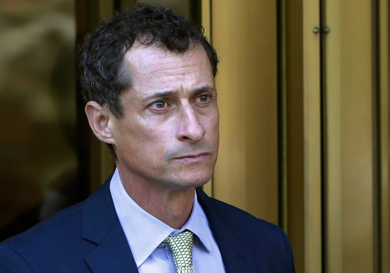 HOLD FOR STORY MOVING MONDAY NOV 6 --- BE SURE TO CONFIRM ARRIVAL SPECIFICS FROM THE MONDAY STORY -- FILE - In this Sept. 25, 2017 file photo, former Congressman Anthony Weiner leaves federal court following his sentencing in New York. Weiner is set to report to the Federal Medical Center, Devens, Mass., Monday, Nov. 6, 2017, to serve his prison sentence in a sexting case that rocked the presidential race. (AP Photo/Mark Lennihan, File)