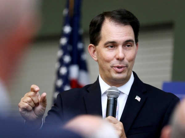 Wisconsin Gov. Scott Walker speaks about the Foxconn deal on Monday, Aug. 21, 2017, at the Chippewa Valley Technical College Energy Education Center in Eau Claire, Wis. (Marisa Wojcik/The Eau Claire Leader-Telegram via AP)