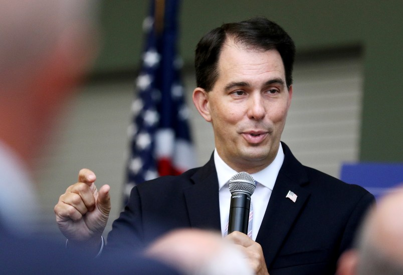 Wisconsin Gov. Scott Walker speaks about the Foxconn deal on Monday, Aug. 21, 2017, at the Chippewa Valley Technical College Energy Education Center in Eau Claire, Wis. (Marisa Wojcik/The Eau Claire Leader-Telegram via AP)