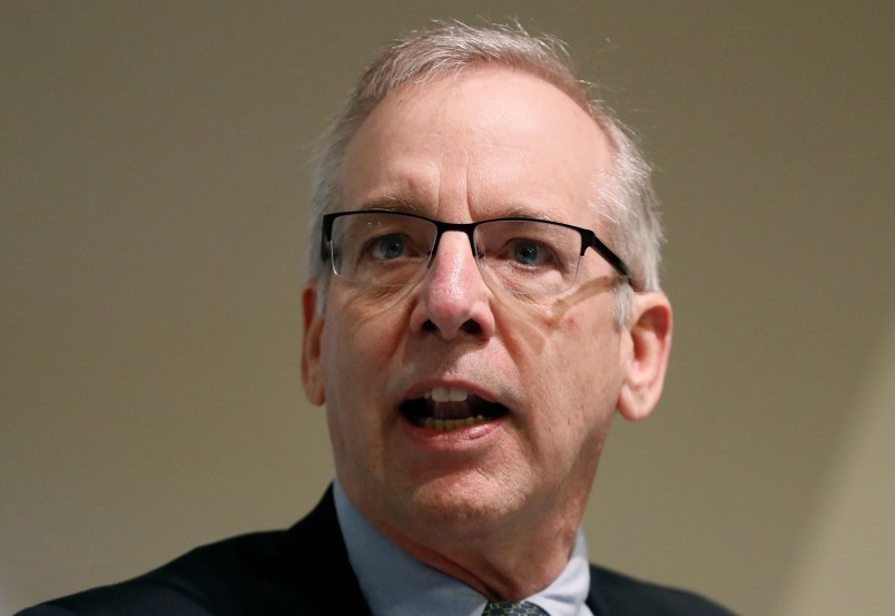 FILE - In this Tuesday, March 21, 2017, file photo, William C. Dudley, President and Chief Executive Officer of the Federal Reserve Bank of New York, speaks during a panel discussion at The Bank of England in London. In an interview with The Associated Press, Dudley indicated that the Fed will likely make an announcement at its September 2017 meeting that it is ready to start reducing its massive bond portfolio, a move expected to put upward pressure on long-term interest rates including home mortgages. (AP Photo/Kirsty Wigglesworth, Pool, File)