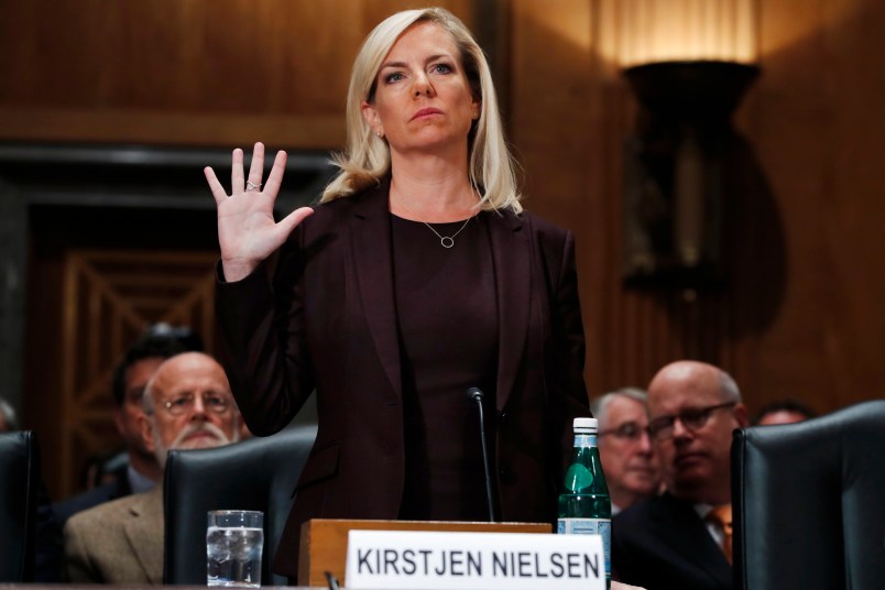 Kirstjen Nielsen is sworn in at a hearing on her nomination to be Department of Homeland Security Secretary, by the Senate Homeland Security and Governmental Affairs committee, Wednesday, Nov. 8, 2017, on Capitol Hill in Washington. (AP Photo/Jacquelyn Martin)