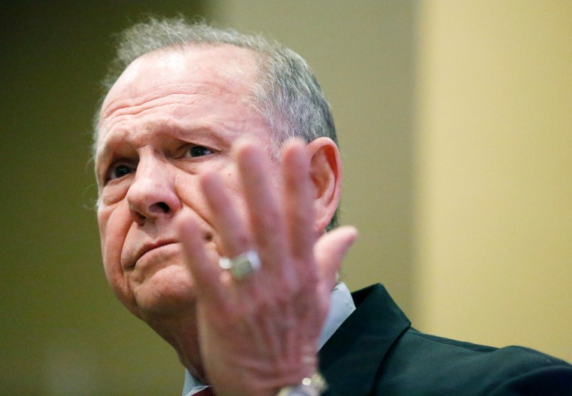 Former Alabama Chief Justice and U.S. Senate candidate Roy Moore speaks at the Vestavia Hills Public library, Saturday, Nov. 11, 2017, in Birmingham, Ala. According to a Washington Post story Nov. 9, an Alabama woman said Moore made inappropriate advances and had sexual contact with her when she was 14. (AP Photo/Brynn Anderson)